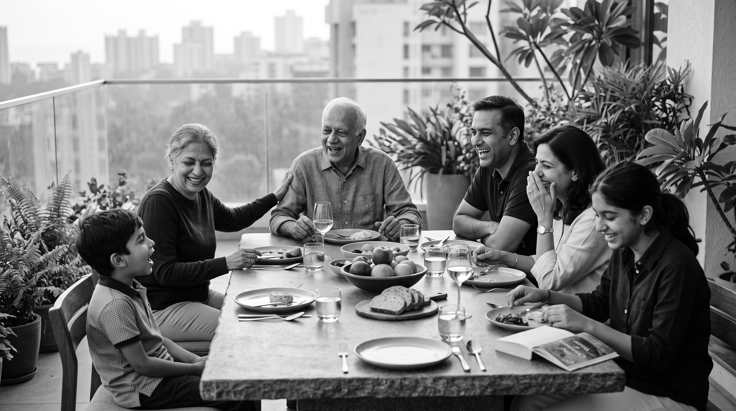 Three generations of a family at dinner on a wide apartment terrace