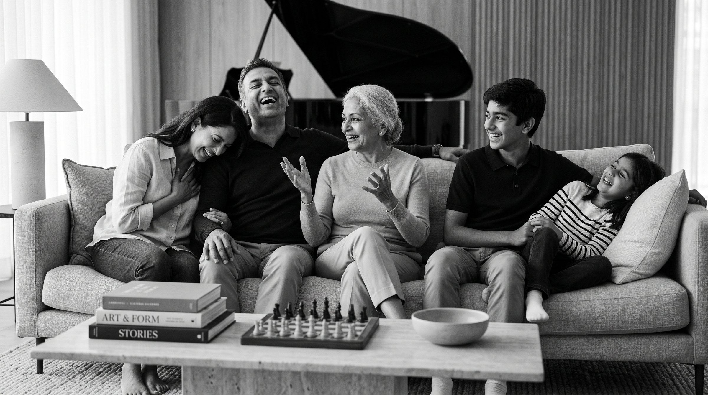 A family of five together on a sofa in a modern living room