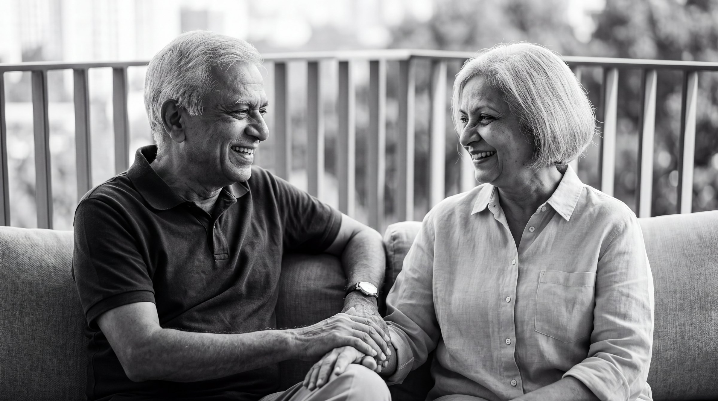 An older couple sitting together on a balcony, laughing