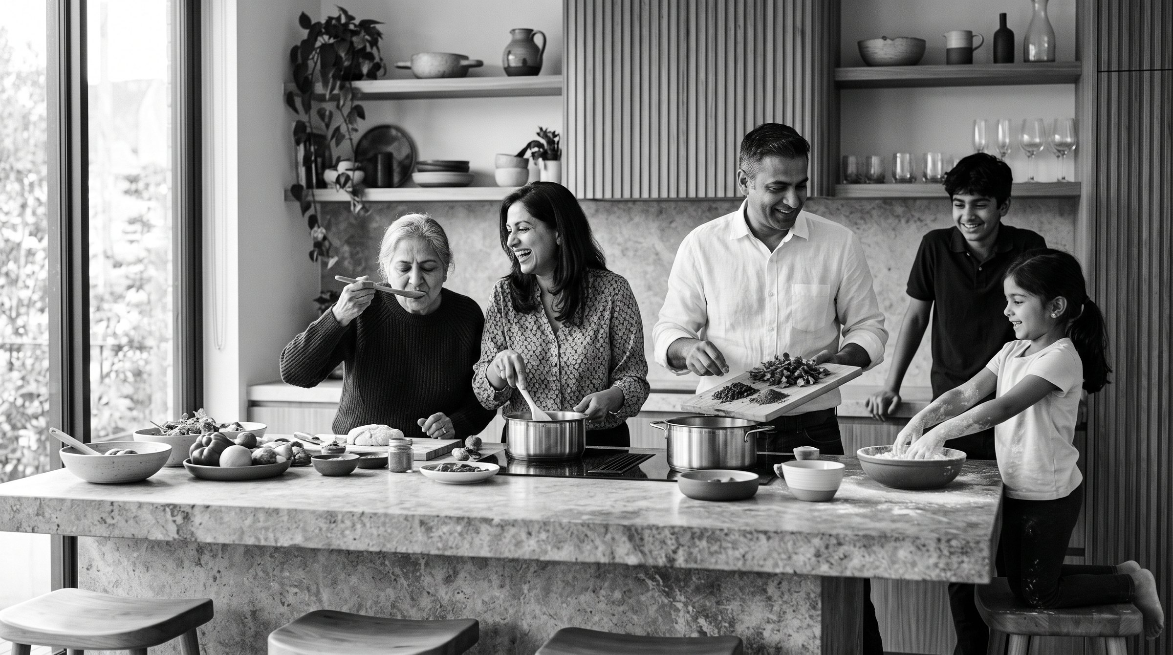 A family cooking together around a stone kitchen island