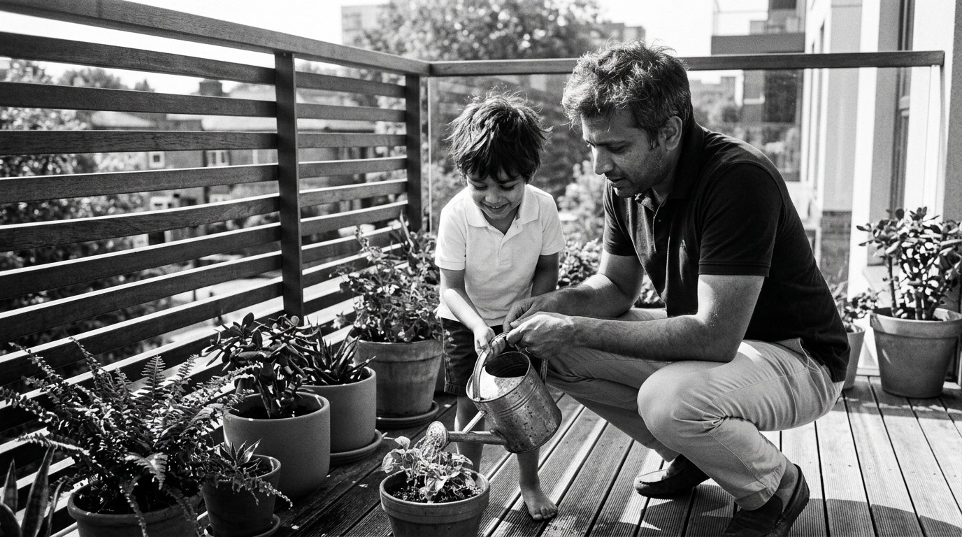 A father and his young son watering plants on a balcony